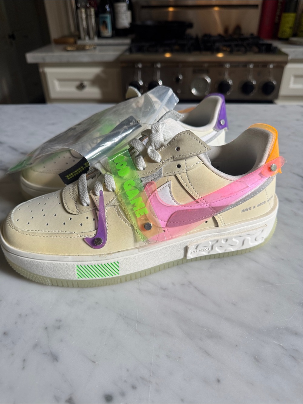 Collector Drop Nike Low-Top Sneakers in Cream with Pink, Purple & Neon Accents